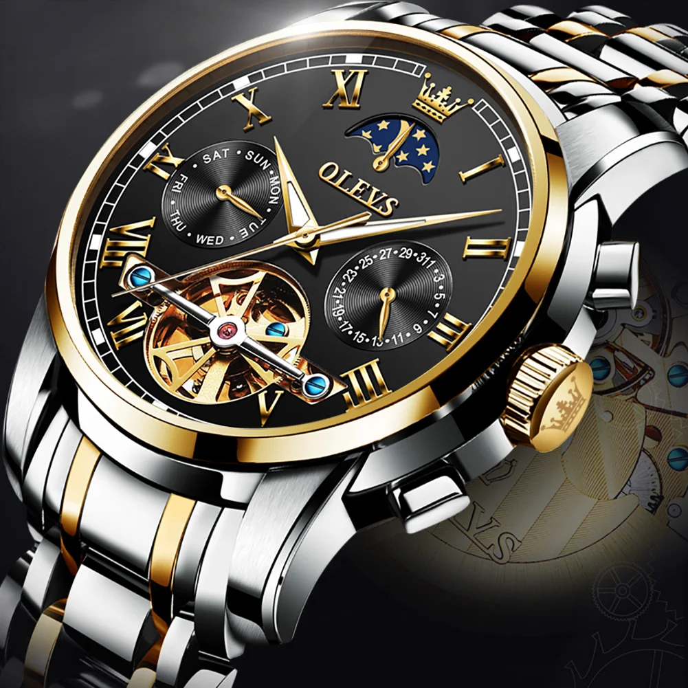 

Men's Automatic Mechanical Wristwatch Waterproof Stainless Steel Watchband Luminous Hands Hollow Design Fashion Male Clock