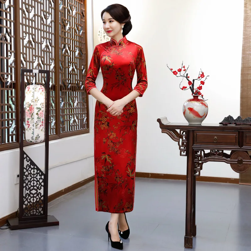 

BALDAUREN Sexy Mid-Length Slim Vintage Qipao 2021 Summer New Lady Printing Cheongsam Grace 3/4 Sleeve Party Prom Gown Large Size