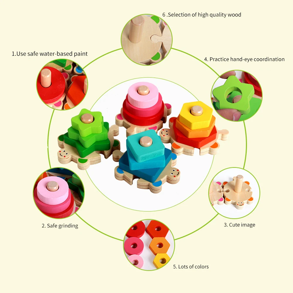 

Tortoise Stacking Pillar Wooden Building Blocks Toy Geometry Shape Color Matching Block Colorful Montessori Puzzles Stacker Toys
