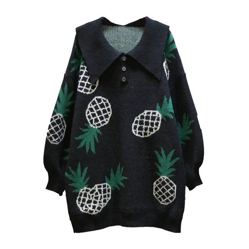 

PERHAPS U Women Sweater Knitted Long Sleeve Black Pineapple Think Pullovers Autumn Winter Turn Down Collar M0188