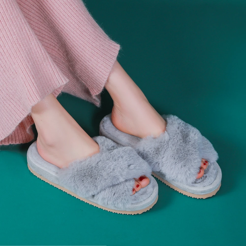 

Winter Luxury Women Fur Slippers 2021 Open Toe Cross Band House Girls Fluffy Slides 3cm Heel Ladies Platform Shoes