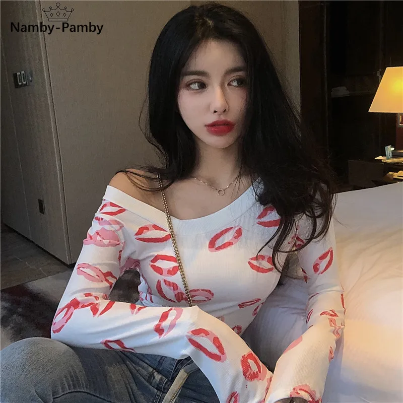 

Women's T-shirt Tops Spring Autumn New Sexy V-neck Red Lips Print T-shirt Slim Fit Full Short Bottoming TShirt Tops Tide ML718