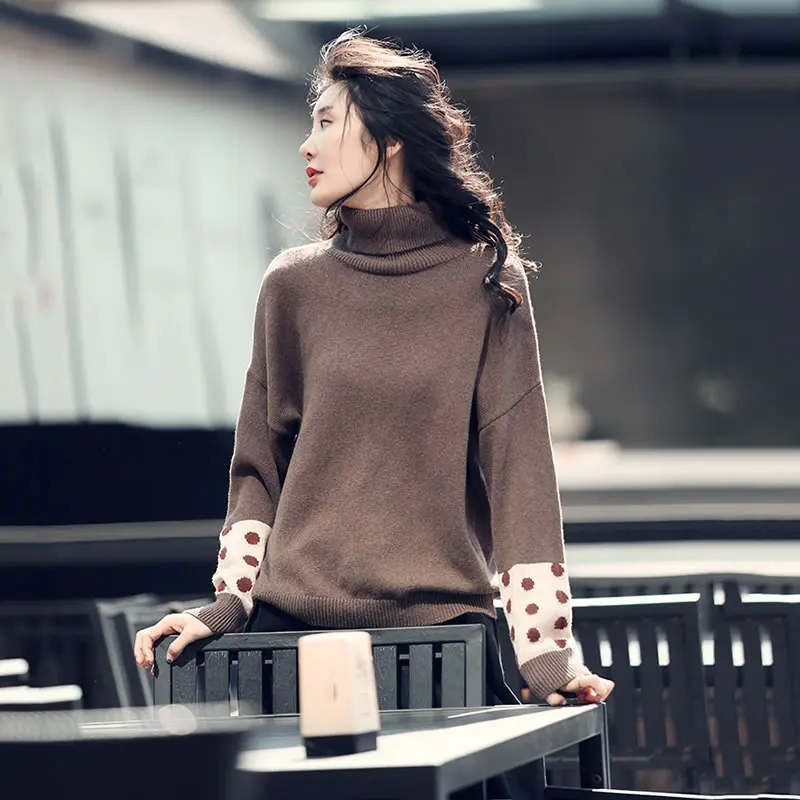 XITAO knitted Turtleneck Sweatshirt Contrast Color Splicing Cuff Pullover Women Winter The New Casual Temperament ZY2511