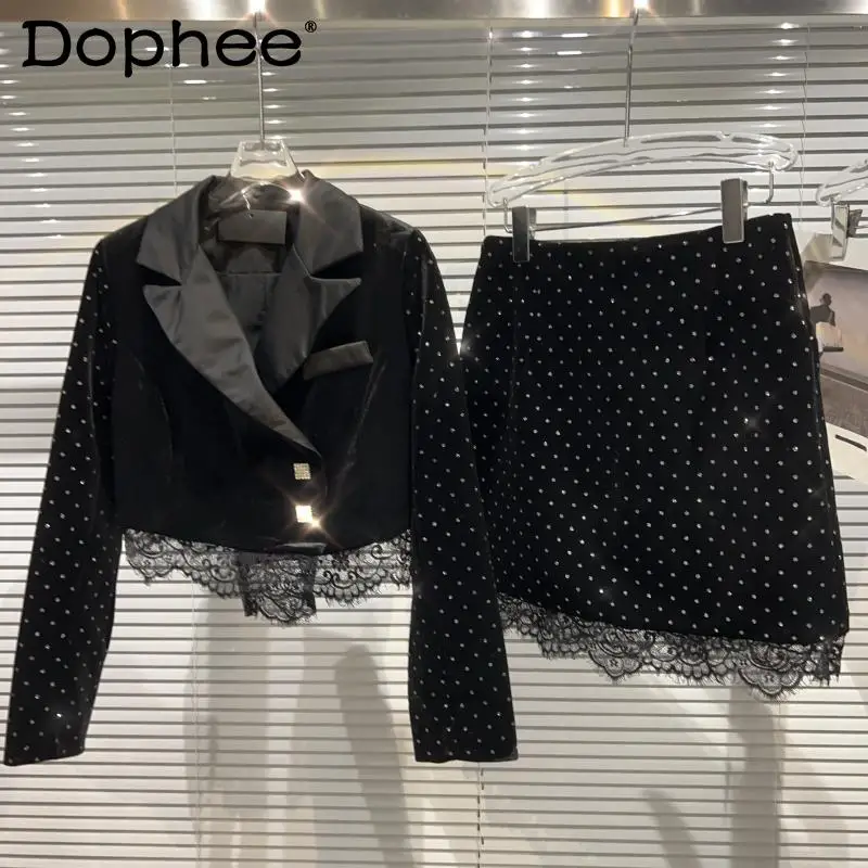 

Женский костюм с кружевным бархатным блейзером и короткой юбкой, черный костюм с высокой талией, комплект из 2 предметов, зима 2021