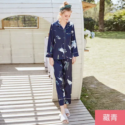

New autumn Korean ice silk Women Long Pant Pajamas Sets Nightwear / Women's long-sleeved silk pajamas two-piece set