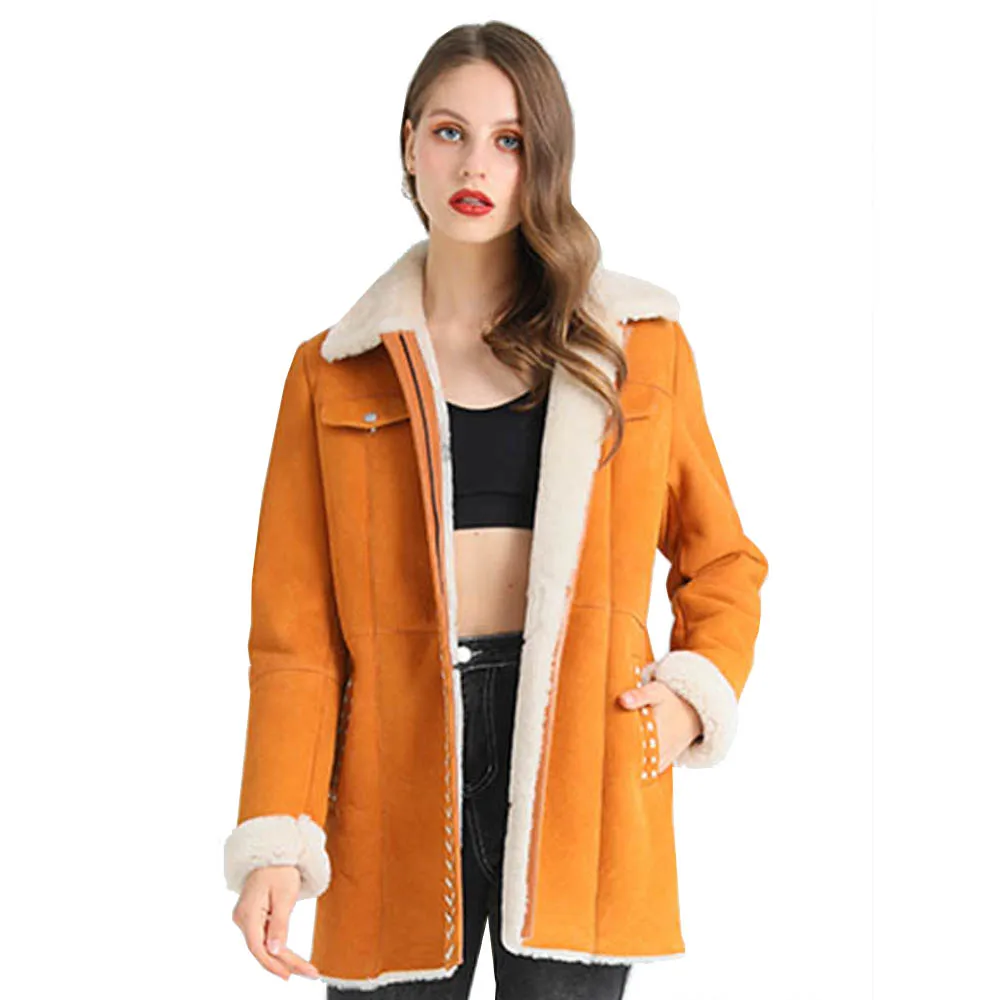 SANI 2020 Top Quality New Yellow Shearling Fur Coat Women Winter Real Fur Coat Red Real Sheepskin Jackets