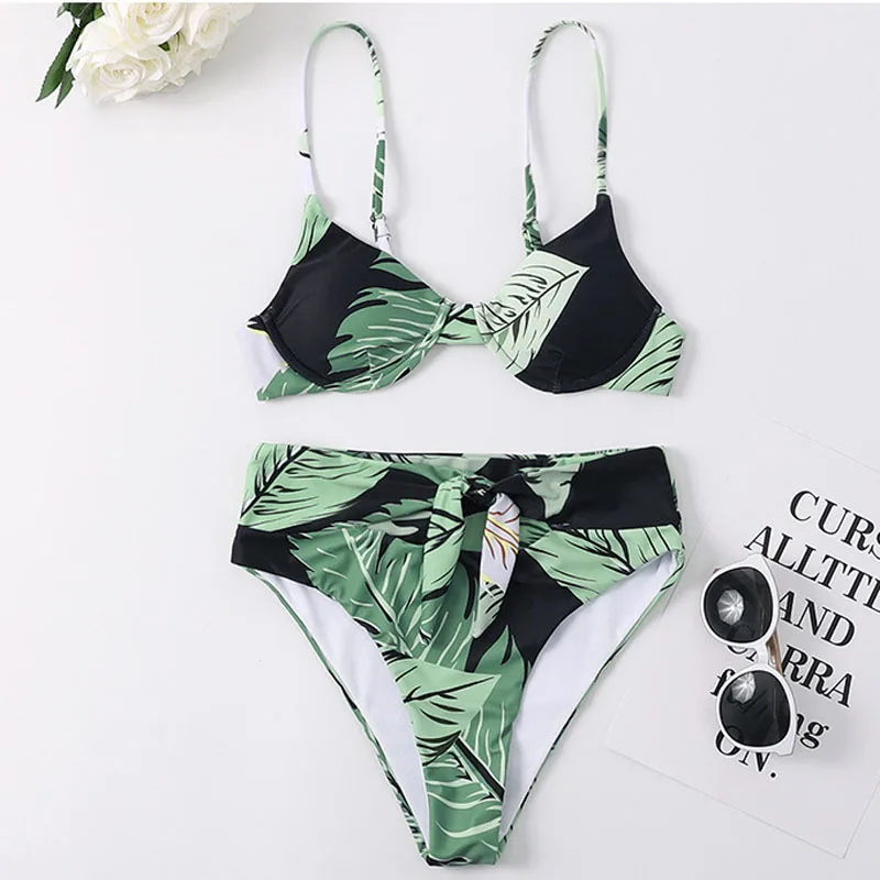 

Sexy Underwired Leaf Print Bikini Female Swimsuit Women Swimwear Knotted Bikini set Brazilian Bather Bathing Suit Swim Wear