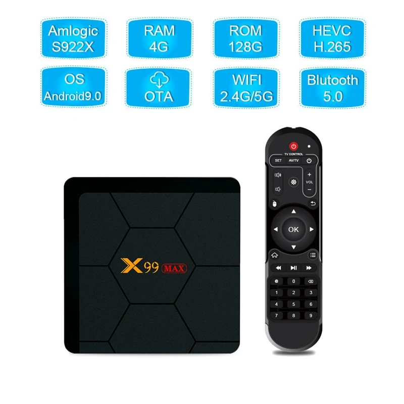 TV BOX Android 9.0 X99 M-X 4+128G S922 Solution 6 Core 64 Bit Set-Top Box Media 4K BOX(US Plug) | Электроника