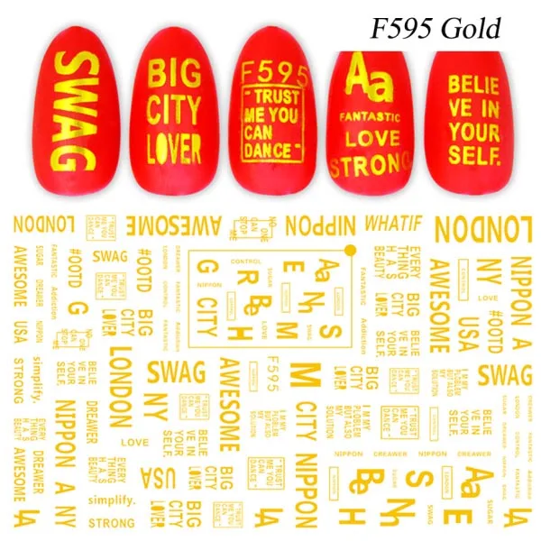 F595 Gold 1 шт наклейка для ногтей черная буква водная ползунок цветок Фламинго летний дизайн ногтей переводные наклейки маникюрные обертки Фольга Инструмент LEF554-563 - Цвет: F595 Gold