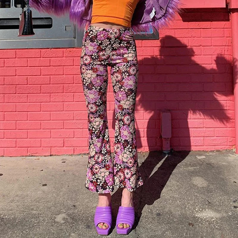 

Daisy Print Y2k Sweatpants Flare Pants Women Casual 2021Spring Summer Stretch High Waist Trousers For Female Capri Streetwear