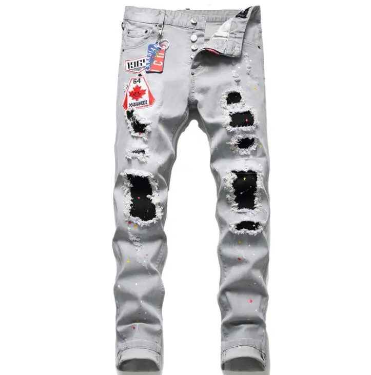 Winter men's jeans homme new tattered patches denim trousers pantalones de hombre stretch gray embroidery Inkjet tights pants