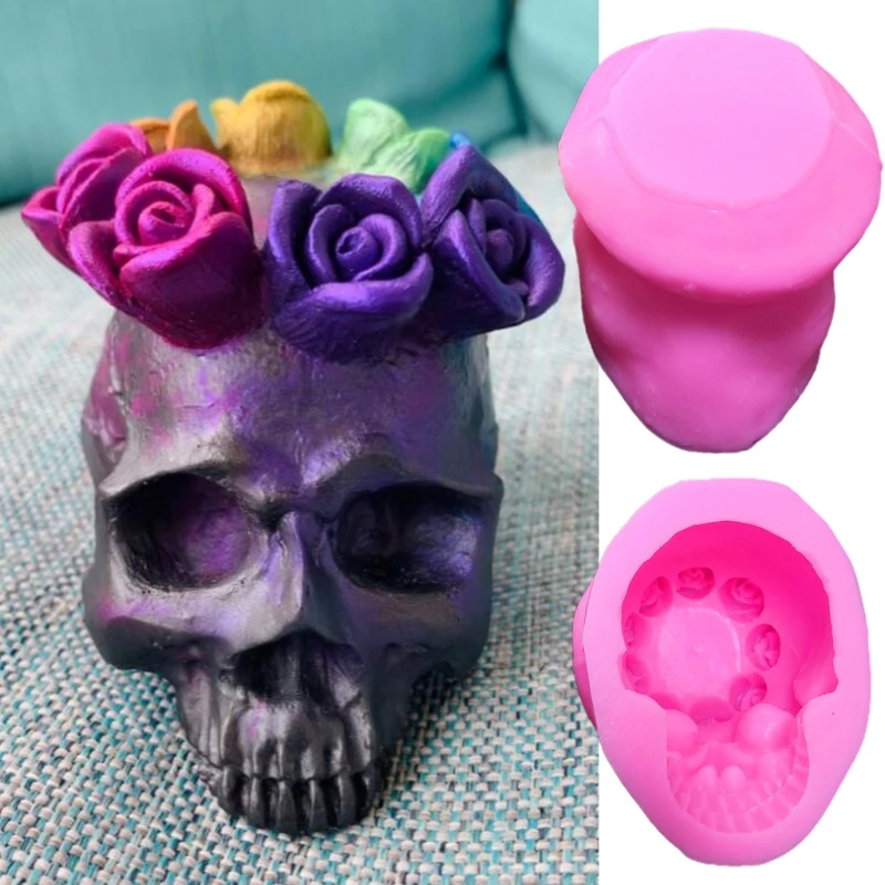 

XXFD Flower Skull Candle Holder Epoxy Resin Mold Candlestick Casting Silicone Mould DIY Crafts Ornaments Mold