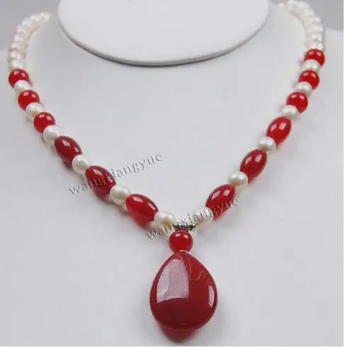 

7-8mm Natural jade White Akoya Cultured Pearl/Ruby pendant(20x30mm) Necklace 18"