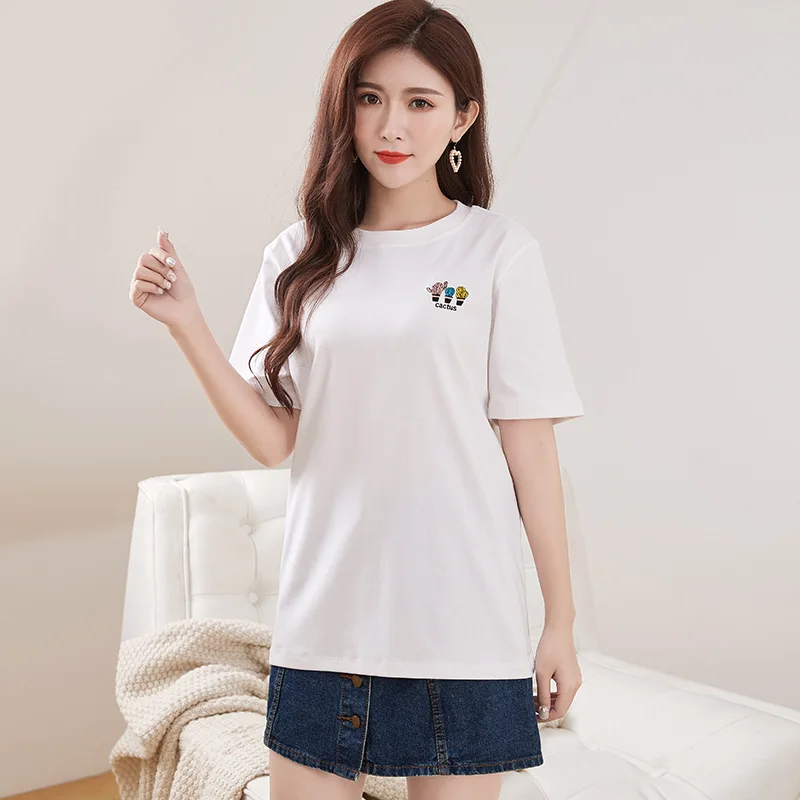 

Cactus Embroideried Women's T-Shirt Cotton Harajuku Summer Female Cute Graphic Tees For Ladies Girl Funny Round Neck T-shirts
