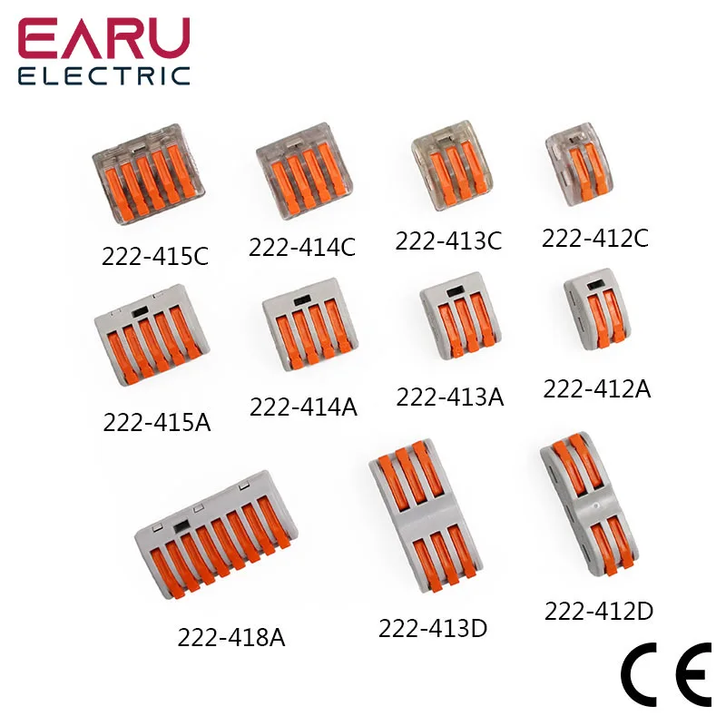 

Type 222-412 222-413 222-415 Compact Wire Wiring Connector Conductor Terminal Block With Lever 0.08-2.5mm2 214 218 SPL-2 3