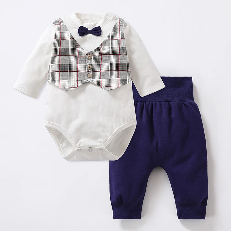 

2pcs baby clothes boy bodysuit 100% cotton long pants long sleeves fake 2 pieces baby pants high waistband white and navy baby