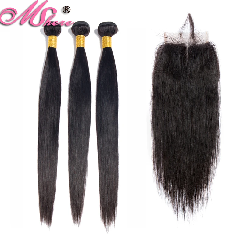 Прямые пучки волос с закрытием перуанские человеческие волосы 3 пучка кружева