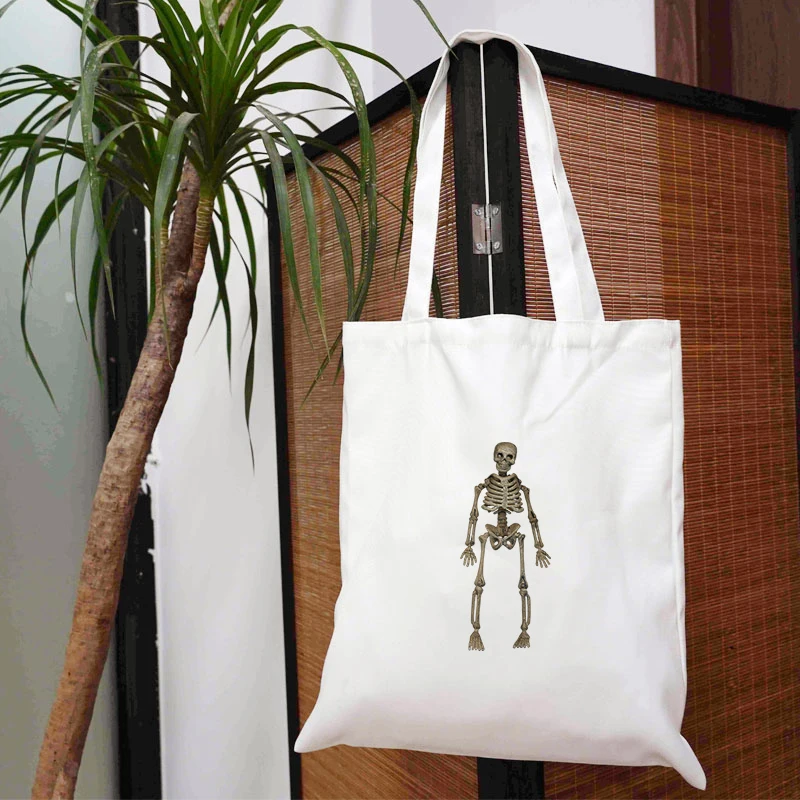 

Human Skeleton Cloth Bag Canvas Fabric Cute Designer Handbags Shopper Beach Bags Women Large Reusable Free Shipping Roomy Big