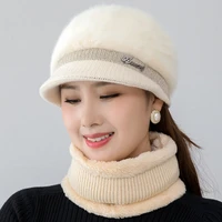 new women winter hat keep warm cap fashion hat and scarf set warm hats for women casual rabbit fur winter brim knitted hat