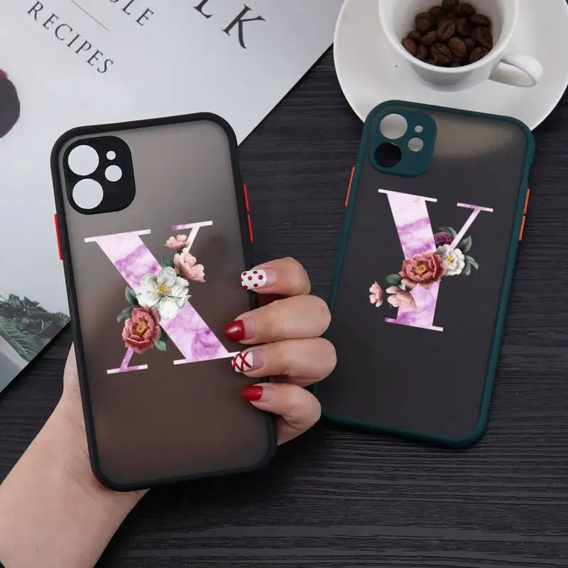

Intial Alphabet flower letter Phone Case matte transparent For iphone 7 8 11 12 plus mini x xs xr pro max cover