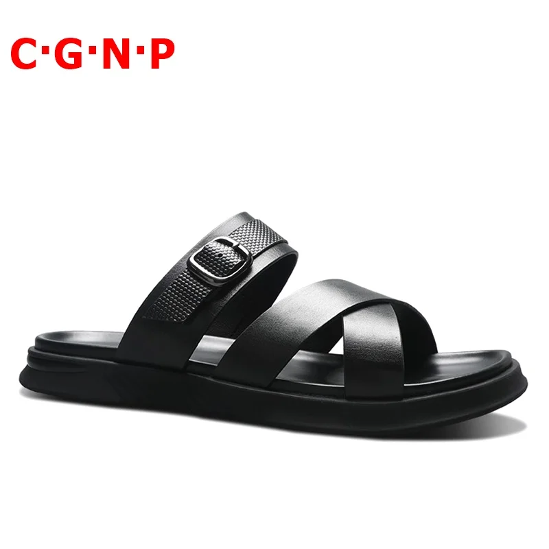 

C·G·N·P Fashion Black Genuine Leather Summer Shoes Men Soft Soles Hollow-out Slippers Outdoor Casual Shoes Men's Beach Flats