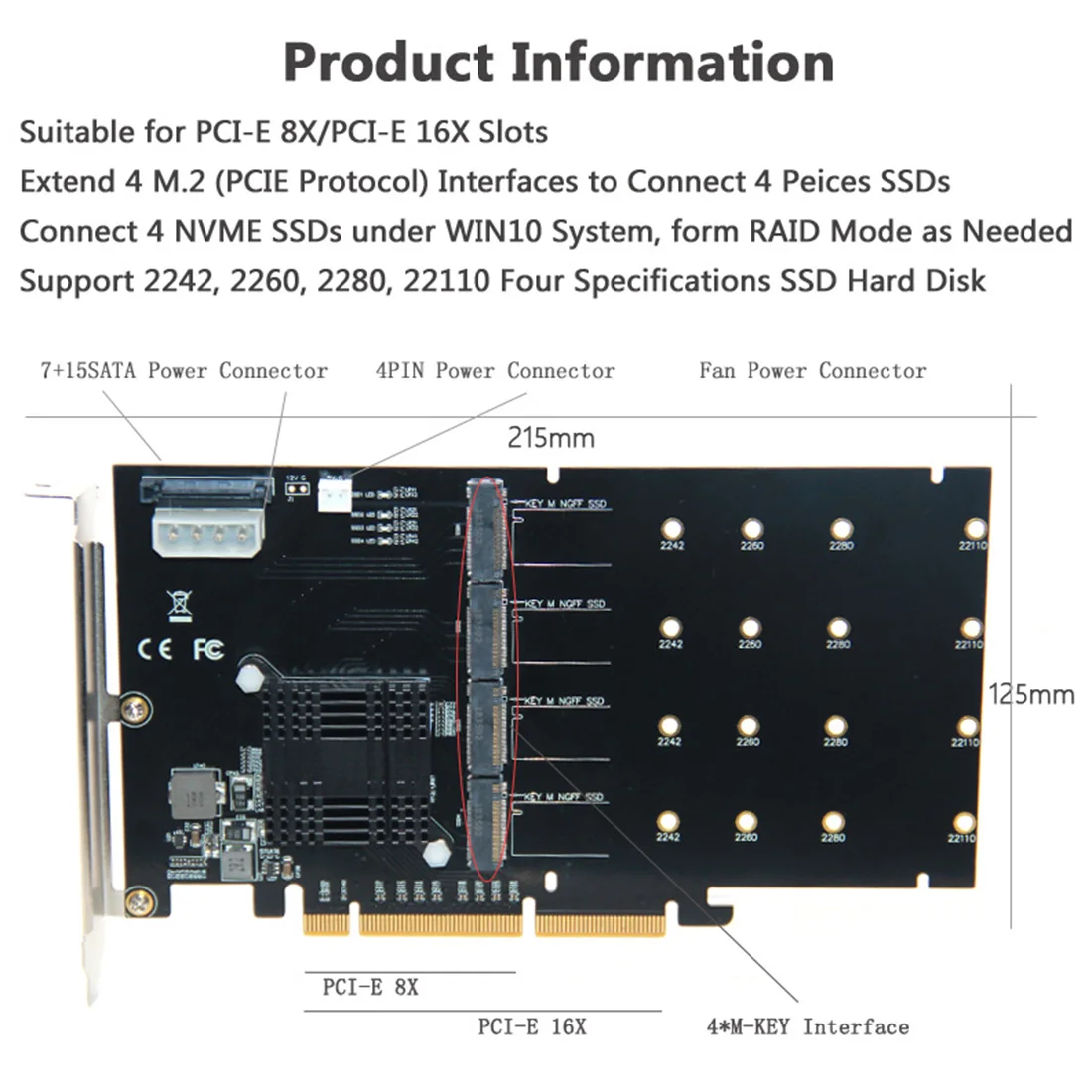 Карта адаптера XT-XINTE 215*125 мм PCI-E LM313 8X/16X до 4P M.2 (Протокол PCIe) Райзер-карта для NVME 2242