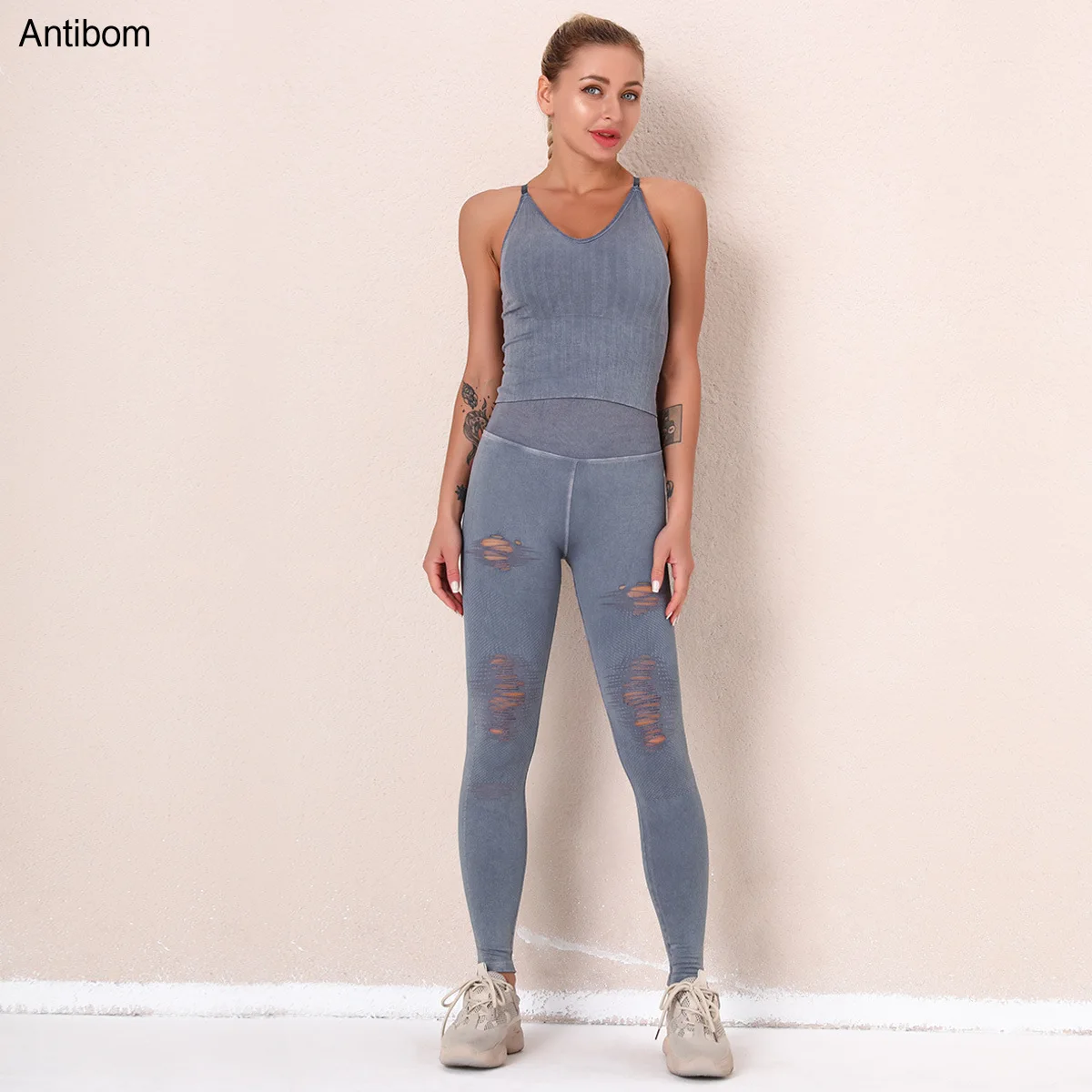 

Antibom Women Sport Suits Seamless Fitness Gym Yoga Set High Waist Athletic Workout Leggings Backless Bra Crop Top Running Suit