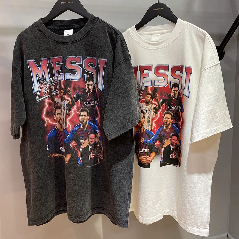 

Graphic T shirts Men Oversized Tshirt Cotton Messi Football Print T-shirt Harajuku Streetwear Hip-Hop Retro Wash Top Tee summer