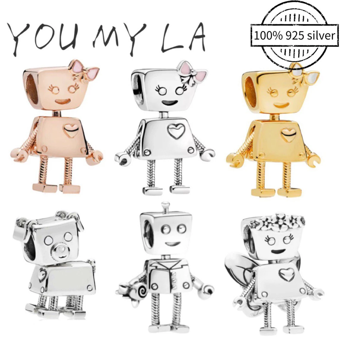 

925 Sterling Silver Bracelet Charm Beads Robot Style DIY Original Pando Jewelry Berloque Women Birthday Gift