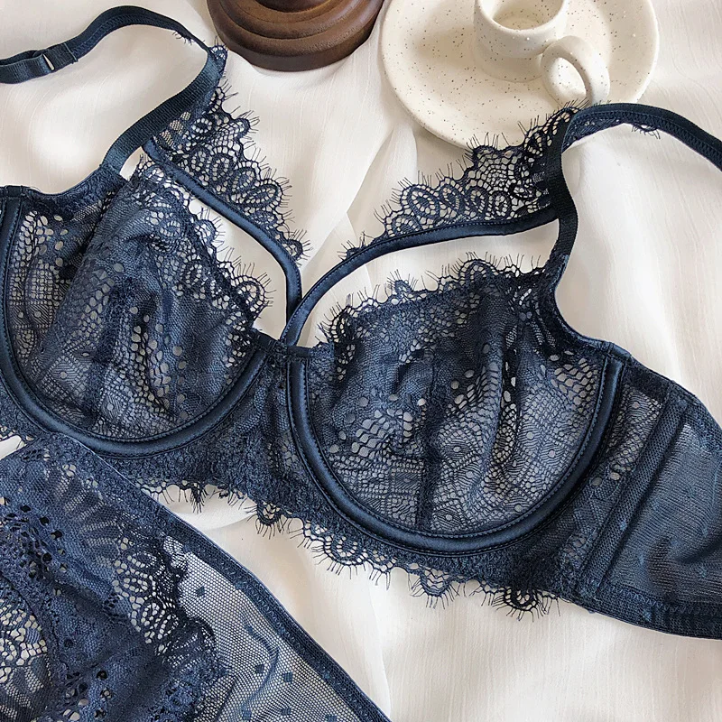 

Wriufred Ultra-thin eyelashes lace lingerie sets soft steel ring bra panties set sexy transparent gathering hollow out underwear