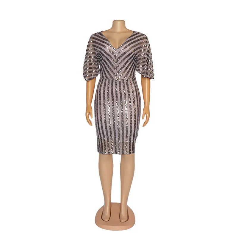 

2019 New arrival Autumn elegent fashion style african women v-neck plus size sequined knee-length dress M-XL