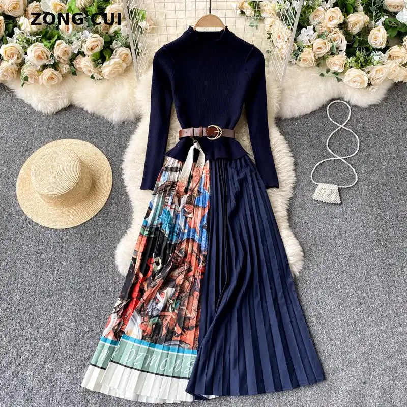 

2021 new women's knitted patchwork pleated Maxi Dress fall winter slim fit sashes streetwear casual dress Plus Size Robes