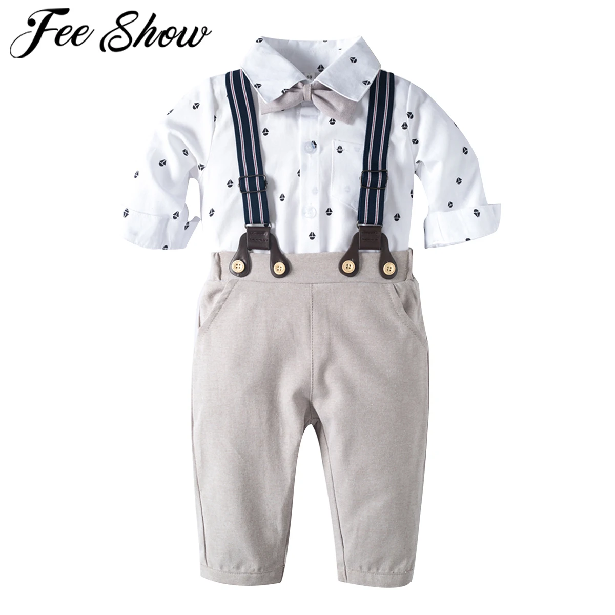 

FEESHOW Infant Baby Boy Formal Gentleman Outfit Newborn Wedding Party Clothes Baby Short Sleeve Shirt Romper Suspender Pants Set