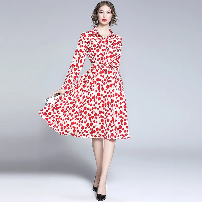 Женское платье с рисунком в горошек повседневное милое до щиколотки белым фоном