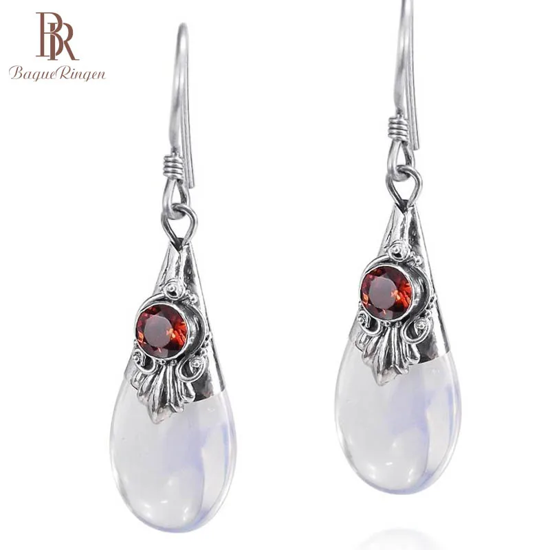 Bague Ringen, винтажные, 925 пробы, серебряные серьги-капли с рубином, лунным камнем, ювелирное изделие, длинные висячие, женские, вечерние, подарок