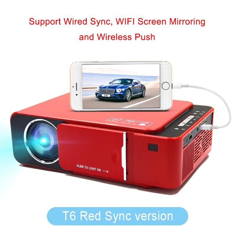 Everycom мини-проектор T6 с разрешением 1280x720, светодиодный портативный HD мультимедийный проектор для домашнего кинотеатра, опционально Android wifi - Цвет: Sync Version Red