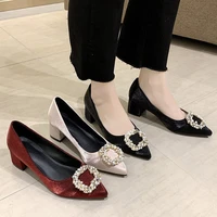 5cm plus size pearl women pumps ol office lady shoes velvet high heels dress shoes cute crystal square heel ladies shoes autumn