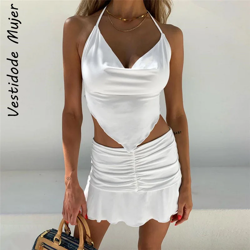 

Summer Halter Sexy Crop Top and Mini Skirts Ruched Two Piece Set Fashion Outfits Matching Sleeveless Women's Set Partywear 2021