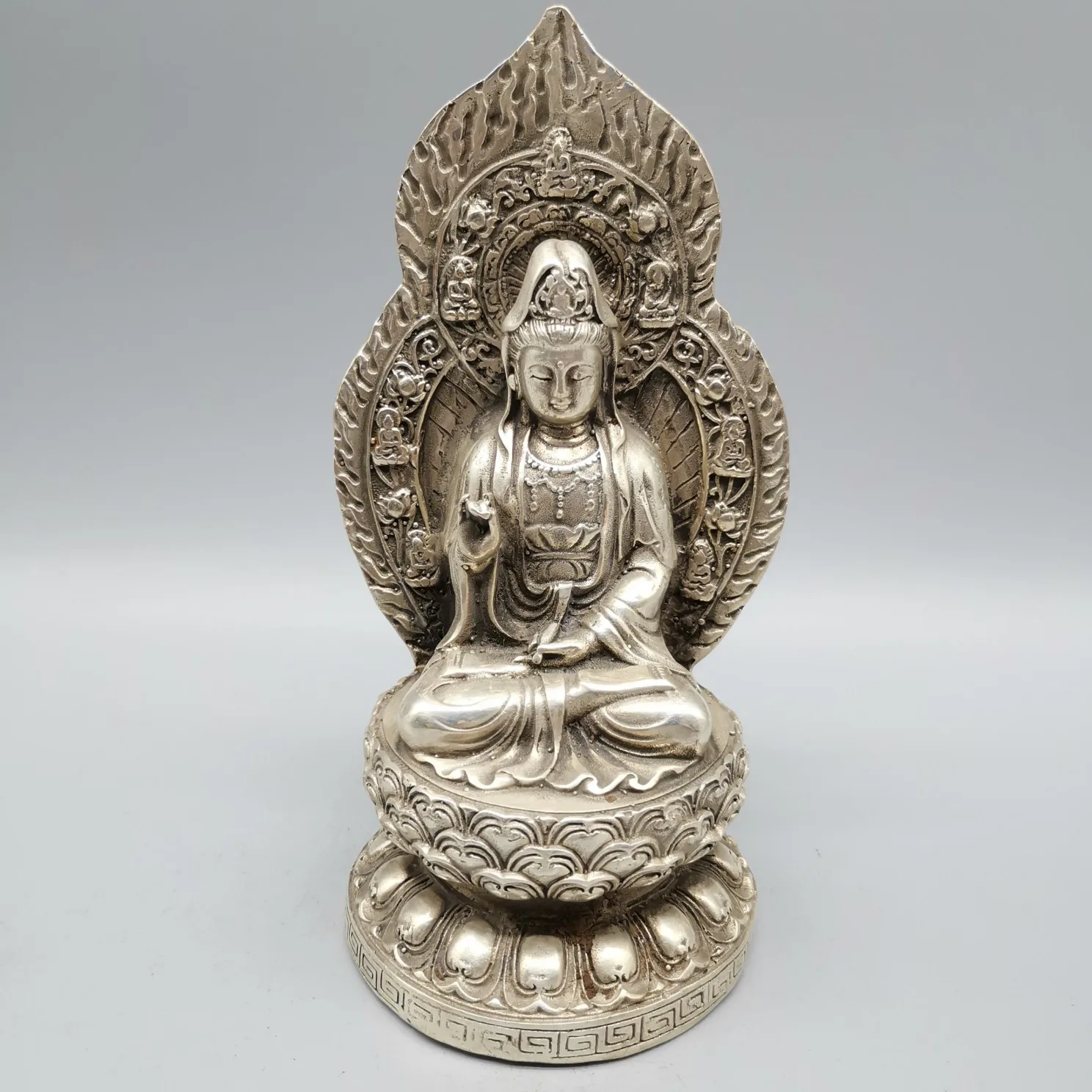 

6.9" Collect China Paktong Buddhist Buddha's Halo Kwan-yin Guanyin Avalokitesvara Bodhisattva Sit Lotus Flower Statue Home Decor