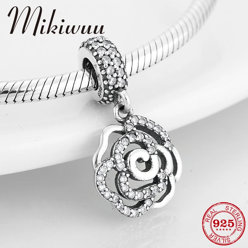 Настоящее серебро 925 пробы Женские аксессуары красивая роза CZ подвески бусины