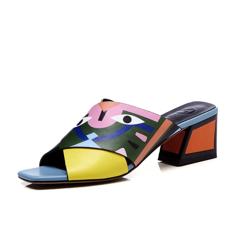 

Korean summer new women's shoes cross sandals color matching leather middle heel women's sandals fish mouth thick heel