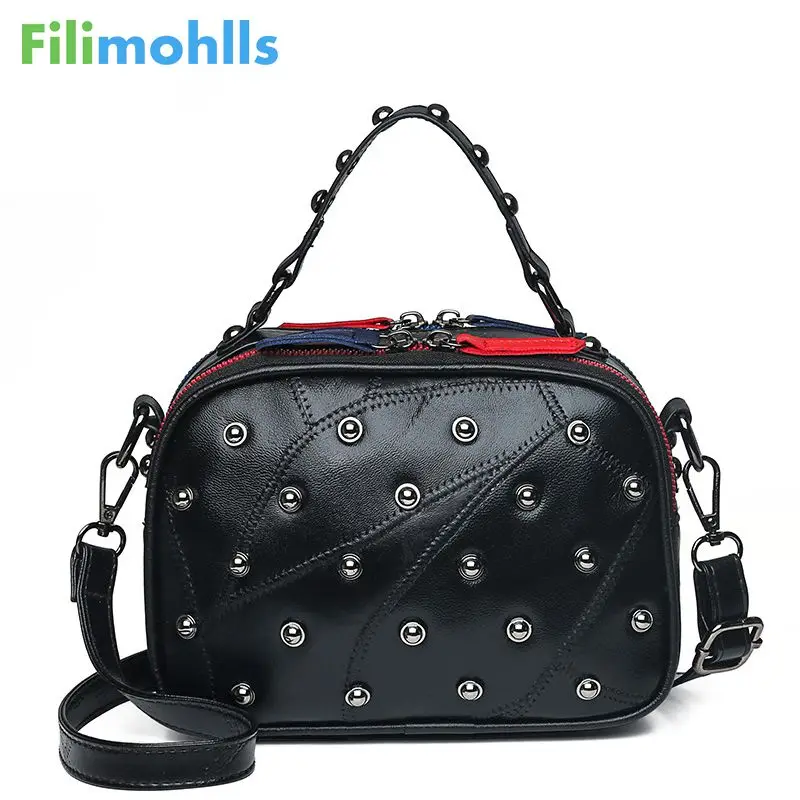

Panelled double-sided zipper shoulder bag 100% Genuine leather Dot rivet handbag for women punk style Boston ladies tote S2026