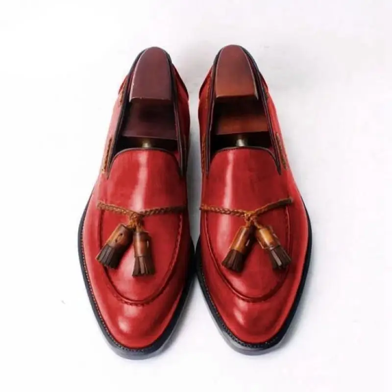 Мужская кожаная обувь весенние ботильоны на низком каблуке с бахромой