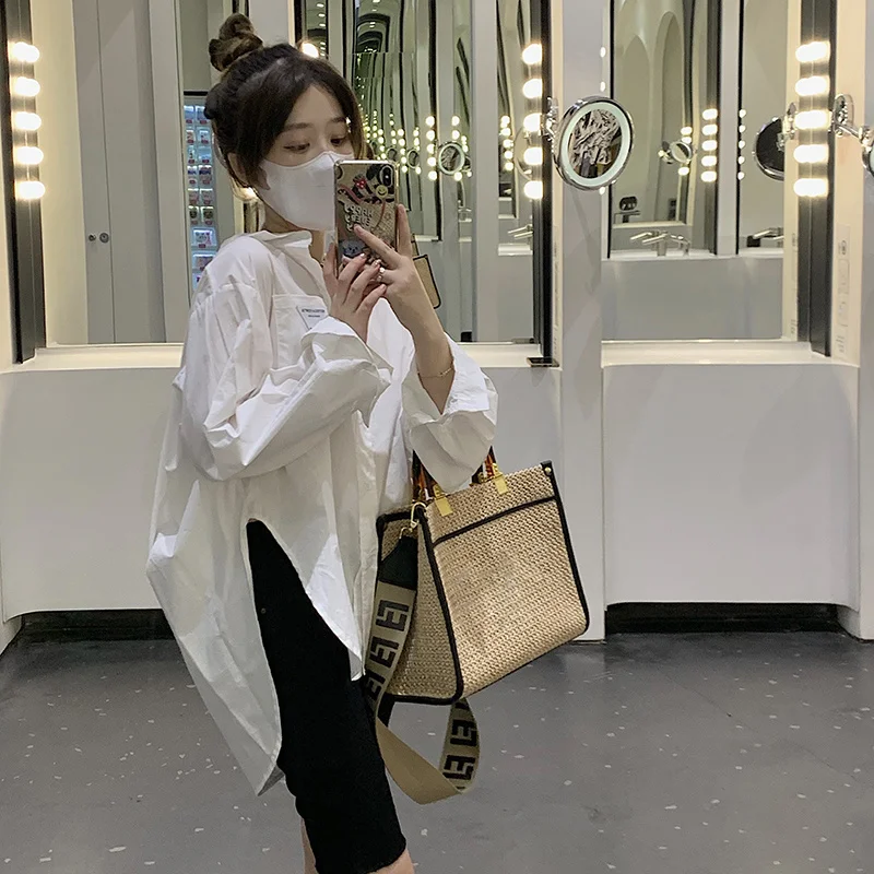 Модная женская рубашка с Боковым Разрезом и длинным рукавом | Женская одежда