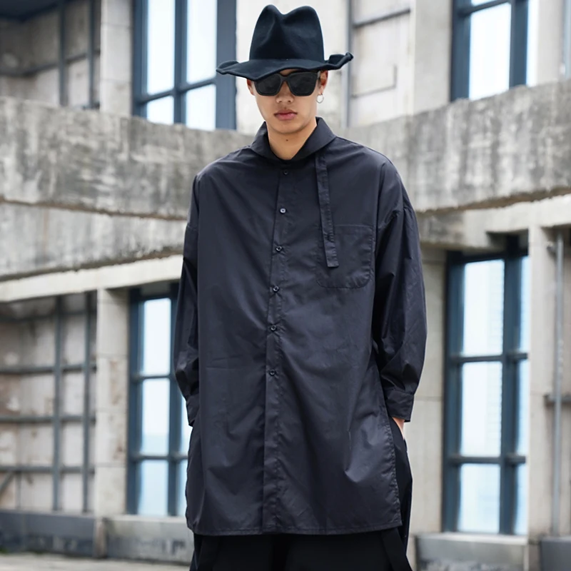 

Male Stand Collar Long Design Loose Dress Shirts Men Japan Streetstyle Long Sleeve Casual Shirt