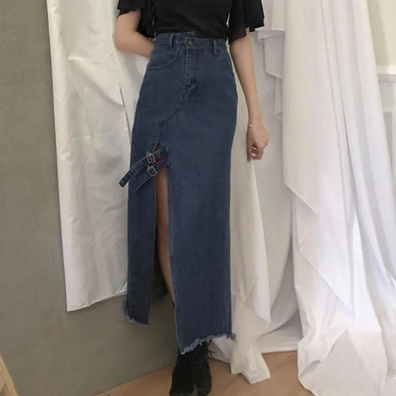 Женская длинная джинсовая юбка Корейская винтажная макси с запахом и разрезом