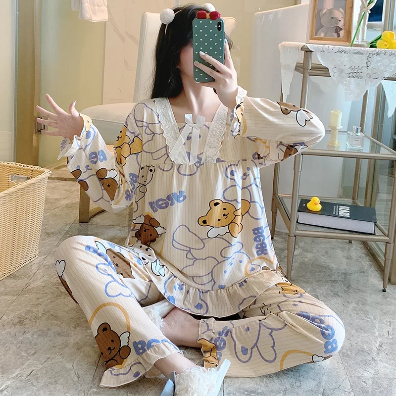 Long Sleeve Pajamas Autumn Trousers Suit Printing Cartoon Animal Fashion Pyjama Set Large Size Nightwear Home Service