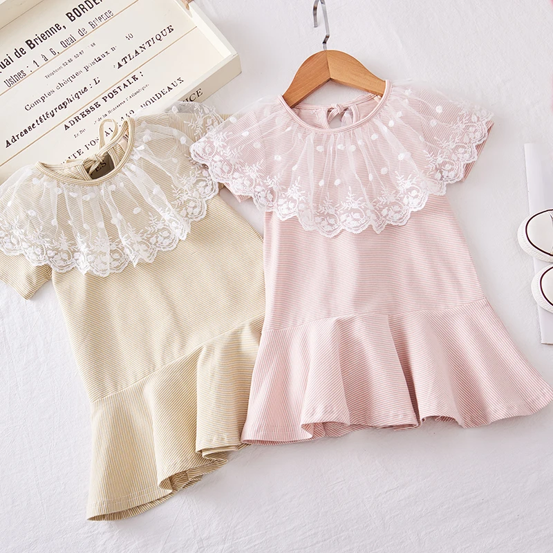 2019 New children's short-sleeved dress girl's striped baby lace collar kids dresses for girls | Детская одежда и обувь