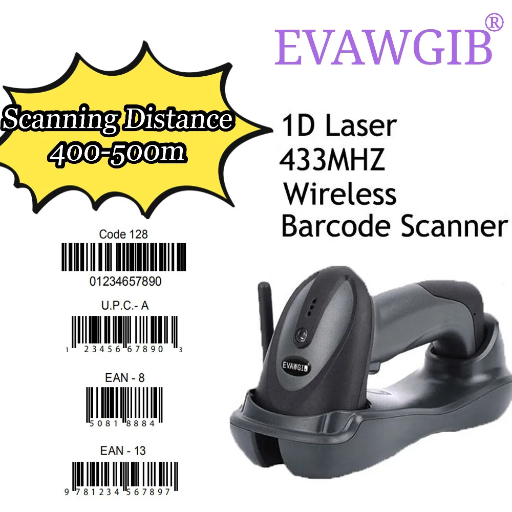 

EVAWGIB 1D Barcode Scanner Wireless 1D Bar Code Reader 433MHZ 1D Laser Handheld Barcode Scanner