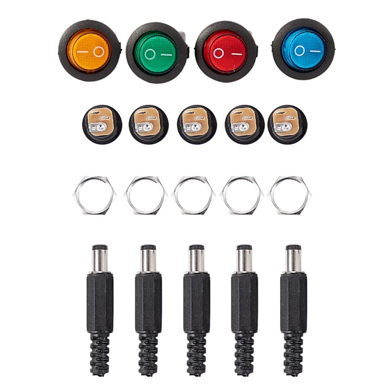 

2 Set Accessories: 1 Set 5Pcs DC Female Jack + 5Pcs Socket Connector & 1 Set 12V LED Rocker On-Off Toggle SPST Switch